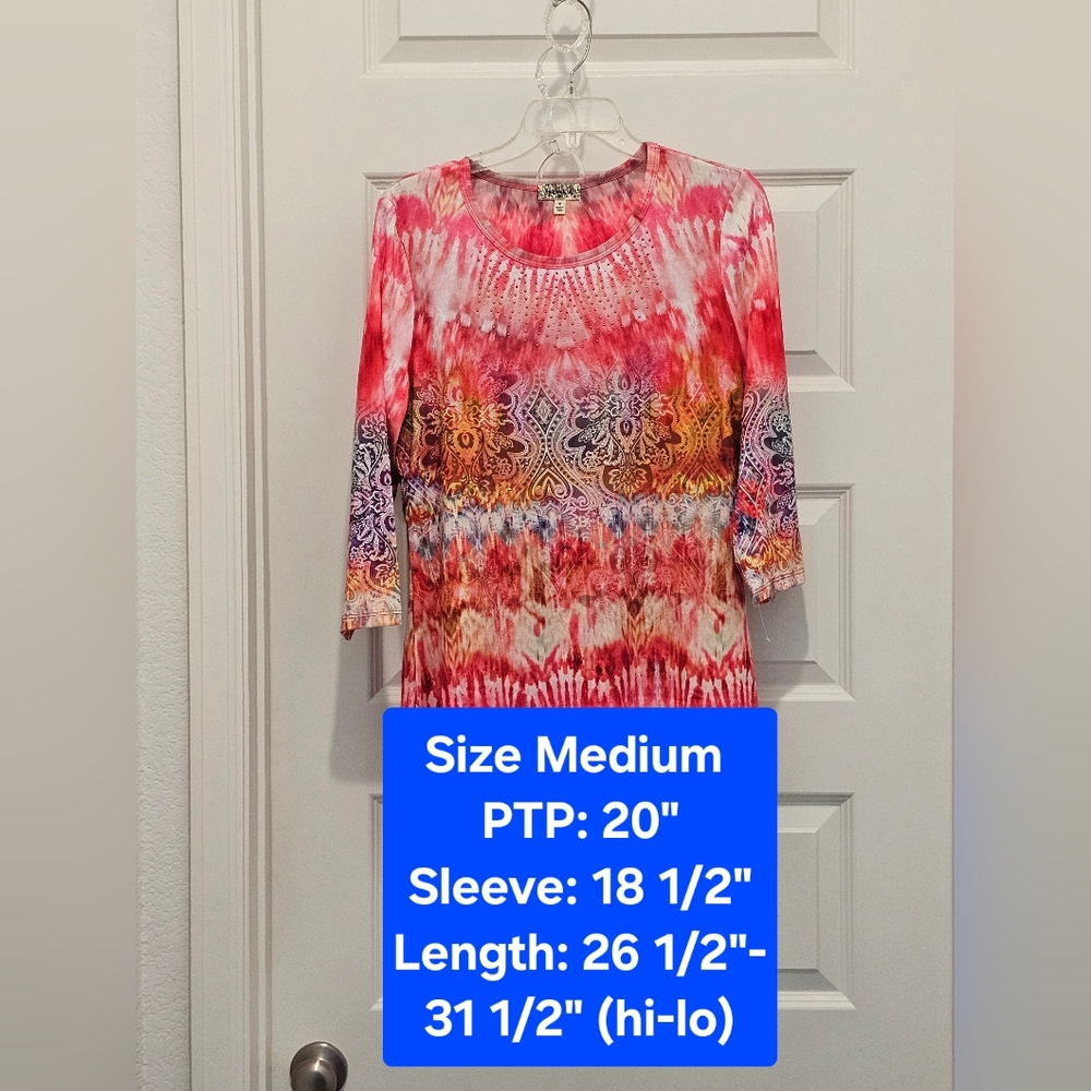 One World Multicolor Bohemian 3/4 Sleeve Tunic Top, NWT, Size Medium